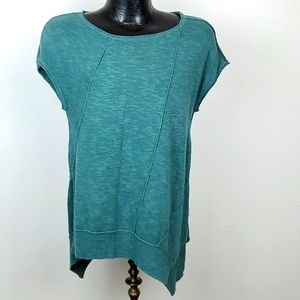 Eileen Fisher Linen Blend Green Asymmetric Knit Top Women M Sustainable Chic